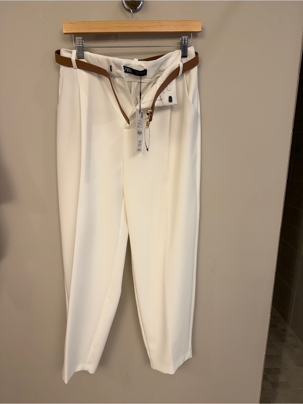 Zara Cream Cropped Pleated Trousers with Brown Belt